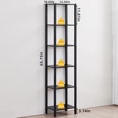 YUFAM 6 Tier Tall Skinny Bookshelf, Narrow Bookcase, Wooden Shelf, Black - color: Black, size: 6-Tier