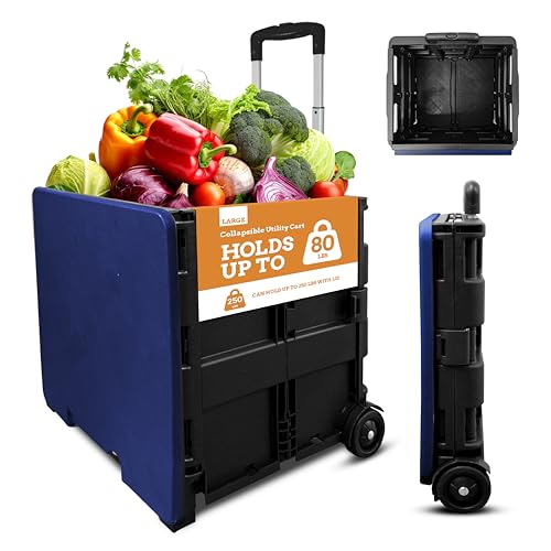 Inspired Living Collapsible Ultra-Slim Pack-N-Roll,2 Wheel Utility Cart w/Lid Used as Seat up to 250 Lbs, Telescopic Handle - Super Strong, for Home, Garden, Shopping, Office, School use, Large, Blue - color: Blue, size: Large/ Lid