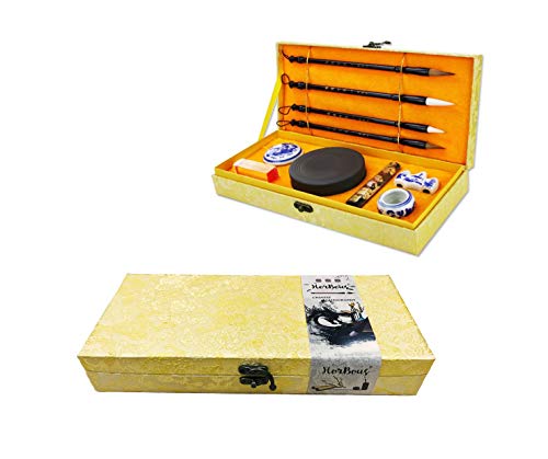 10 PCS Chinese Calligraphy Set Inkstone + Writing and Painting Brush + Ink Block + Seal + Inkpad + Pen Rack + Water Bowl (Basic)