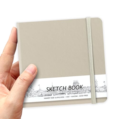 5" x 5" Hardcover Sketch Book,58 Sheets Small Mixed Media Pocket Sketch Pad | PU Cover,150 GSM Acid Free Artist Drawing Paper,Travel Journal Blank Notebook for Adults Sketching,Illustration. - color: 150gsm PU-light gray