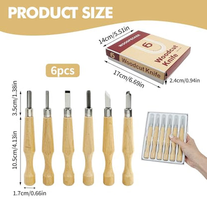 6-Piece Wood Carving Tools Set, Linoleum and Lino Cutting Tools with V-Shaped Chisels, Professional Woodcut and Stamp Carving Kit for Printmaking, 4.5mm 5.8mm 6.8mm 7.2mm