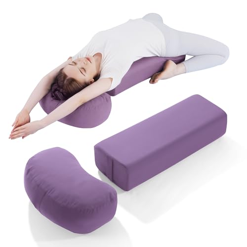 MABOZOO 2-Piece Yoga Bolster Pillow, Rectangular & Crescent Meditation Cushions with Removable Cover for Restorative Yoga, Meditation Accessories for Sitting on Floor - color: Dark purple