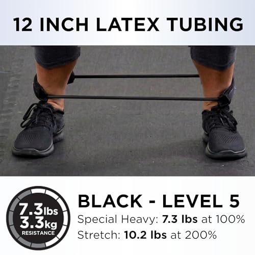THERABAND Resistance Tubes, Professional Latex Elastic Tubing For Physical Therapy, Lower Pilates, At-Home Workouts, & Rehab, 12 Inch, Padded Cuffs, Black, Special Heavy, Advanced Level 1 | Professional TheraBand elastic resistance for exercise, physical