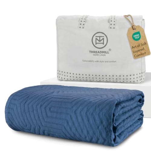 Threadmill Cotton Twin Coverlet Blanket, Jacquard, Folkstone Blue, 68 x 90 - color: Aster Folkstone Blue, size: Twin / Twin-XL