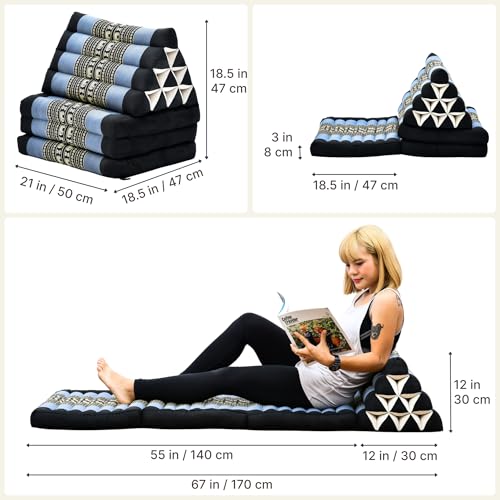 Leewadee - Comfortable Japanese Floor Mattress - Thai Floor Bed with Triangle Cushion - Futon Mattress - Thai Massage Mat, 67 x 21 inches, Blue, Kapok Filling | Floor & lounge cushion for relaxing, reading & TV - for meditation & yoga, firm & stable - col