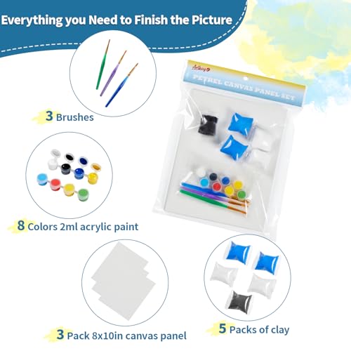 DIY Canvas Painting Kit with Clay, 3 Blank 8x10 Inch Canvas Panels, 5 Packs of Clay, 8 Vibrant Acrylic Paint Colors, and 3 Brushes, Creative Art Kit for DIY Projects & Crafting Fun - size: 8"x10"(3-Pack), style: DIY Clay