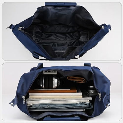 Expandable Rolling Travel Bag with Removable Wheels & Handle, Large Capacity Wheeled Duffle Tote, Foldable Carry On Luggage for Women, Lightweight Weekender Overnight Bag (DarkBlue) - color: DarkBlue