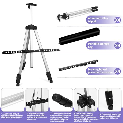 4 Pack Art Painting Artist Easel Stand Adjustable Portable Aluminum Metal Tripod Display Easel with 4 Bag Height from 20-66 Inches Tabletop Art Easel for Table-Top/Floor Drawing and Displaying,Silver