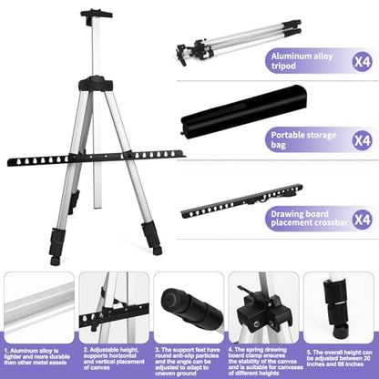 4 Pack Art Painting Artist Easel Stand Adjustable Portable Aluminum Metal Tripod Display Easel with 4 Bag Height from 20-66 Inches Tabletop Art Easel for Table-Top/Floor Drawing and Displaying,Silver