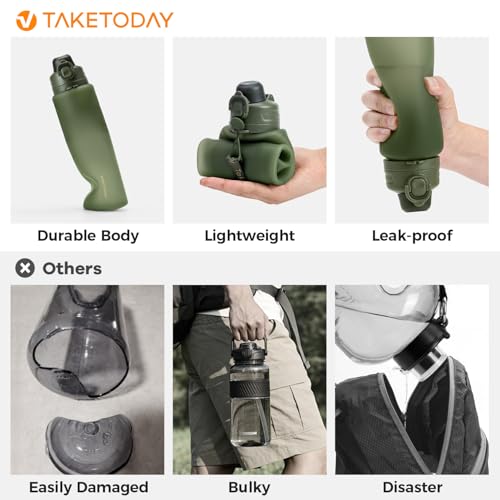 TakeToday Collapsible Water Bottles, Foldable for Travel, 32oz, Green | Compact Foldable Travel Bottle with Straw, TSA-Approved Leakproof Silicone, BPA-Free for Hiking & Outdoors - color: Green