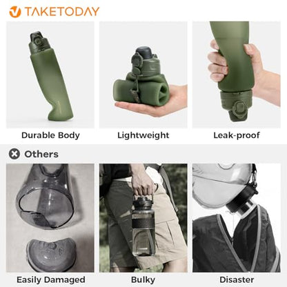 TakeToday Collapsible Water Bottles, Foldable for Travel, 32oz, Green | Compact Foldable Travel Bottle with Straw, TSA-Approved Leakproof Silicone, BPA-Free for Hiking & Outdoors - color: Green