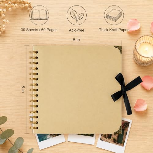 Scrapbook Photo Album 8"x8" 30 Sheets 60 Pages Kraft Paper Ribbon Closure | DIY Memory Book with Corner Protectors for Family Baby Milestones, Art & Craft Projects, Perfect for Polaroid 4x6 5x7 Photos - size: 8''x8''