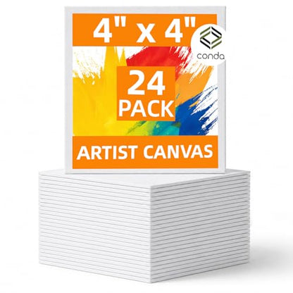 CONDA 24 Pack 4x4 Inch Mini Blank Canvas for Painting, 100% Cotton Canvas with Pinewood Frame, Acid-Free Primed Mini Square Canvas for Acrylic Oil Painting, Classroom Art & Party Decor - size: 4"x4"