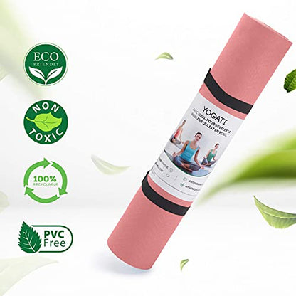 YOGATI® 정렬 라인이 있는 스트랩이 달린 요가 매트. 여성, 남성 및 아동용 홈 운동 매트. 필라테스와 피트니스를 위한 두꺼운 미끄럼 방지 요가 매트. 브라운, 핑크 및 퍼플 요가 매트 - color: 핑크