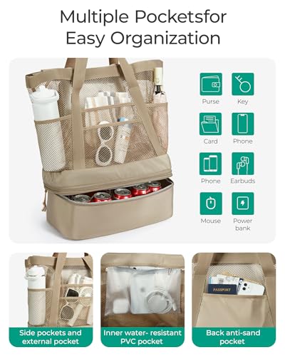 BAGSMART Beach Bag for Women, Mesh Tote Bags with Zipper, Sandproof Vacation Essentials with Cooler for Swim Cruise Pool - color: Beige
