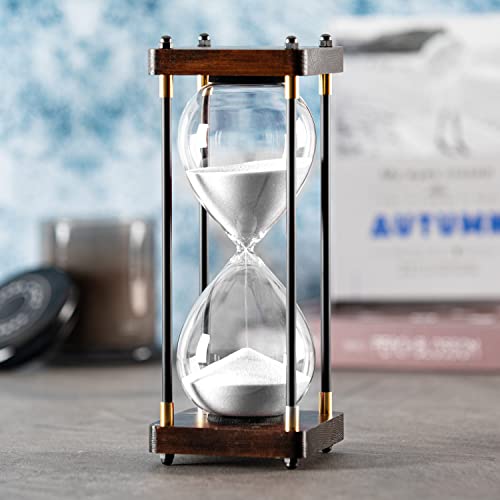 SAMLONG Large Hourglass Timer 60 Minute, Decorative Wood Sand Timer, White | 1 Hour Metal Sand Clock, Modern Office Home Décor - color: White Sand