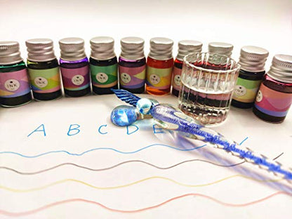Glass Dip Calligraphy Pen Set, 14-Pieces 12 Color Inks, Pen Holder, Cleaning Cup, 1Crystal Glass Pens for Art, Writing, Drawing, Signatures, Gift for Kids and Artist - color: Blue