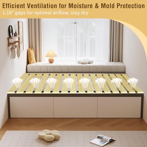 Japanese Tatami Mat Floor Bed, Knotless Solid Wood, Roll-Up Slatted, Bed Plate with 2 Storage Straps, Moisture-Proof and Breathable for Floor Sleeping or Futon Mattress, Twin - size: Twin