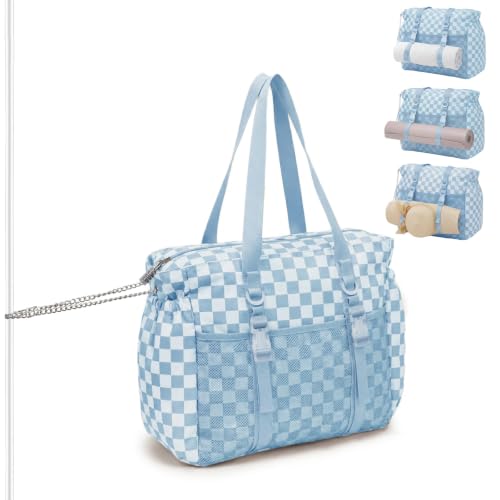Omanmoli Beach Bag for Women Large Waterproof Sandproof Tote 40oz Holder | Anti-theft Lock & Chain,12 Pockets,2 Insulated Foil Pockets,Checkered,Cruise Travel Vacation Picnic Pool Work Gym,Checkered - color: Beige&blue