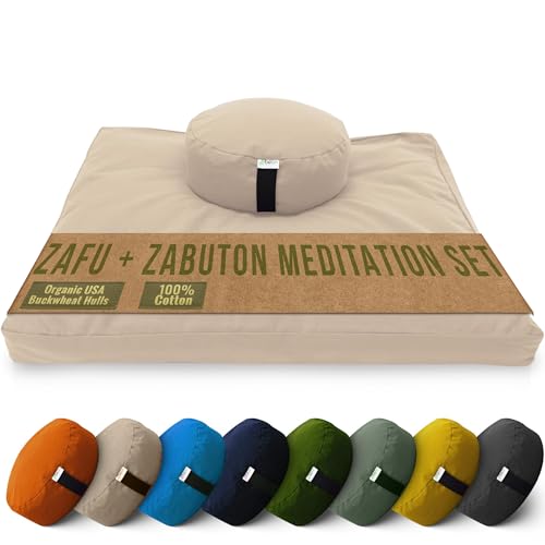 Bean Products Meditation Cushion Mat Set - Zafu Floor Pillow Organic Buckwheat Pillow + Cotton Filled Zabuton Prayer Pad - Meditation Pillow Yoga Knee Pad - Made in USA - 14" Round or 18" Oval - color: Natural - 10oz Cotton Canvas, size: Round Combo