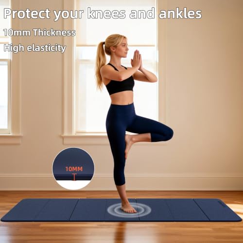 Foldable TPE Yoga Mat Thick 10mm,75" x40"Extra Large Exercise Mats | Stretch Mat Non-slip Fitness Folding Mat Easy to Carry,Wide Gym Mats for Women Men Suitable for Home Workout Travel Pilates - color: Dark Blue