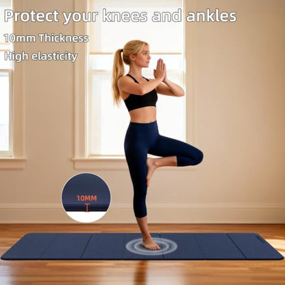 Foldable TPE Yoga Mat Thick 10mm,75" x40"Extra Large Exercise Mats | Stretch Mat Non-slip Fitness Folding Mat Easy to Carry,Wide Gym Mats for Women Men Suitable for Home Workout Travel Pilates - color: Dark Blue