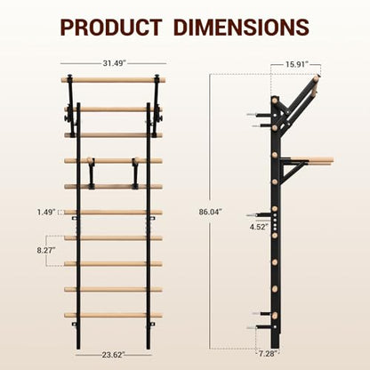 GMWD Swedish Ladder, Stall Bar, Suspension Trainer with Pull-Up Bar and Dip Bar Attachments, Wooden Stall Bar with 9 Strategic Rods for Core Strengthening and Stretching Balanced for Body Exercises