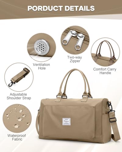 Travel Duffel Bag Weekender Bags for Women Carry On Gym Tote Bags Khaki | Duffle Bag with Shoe Compartment Carry On Overnight Bag with Wet Pocket Personal Item Travel Bag for Trip Hospital Bag - color: G3-Khaki
