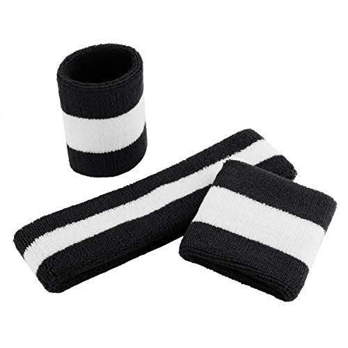 ONUPGO Sweatband Set Sports Headband Wristband Set Sweatbands Terry Cloth Wristband Wrist Sweatband Headbands Moisture Wicking Sweat Absorbing Head Band - color: Black/White/Black