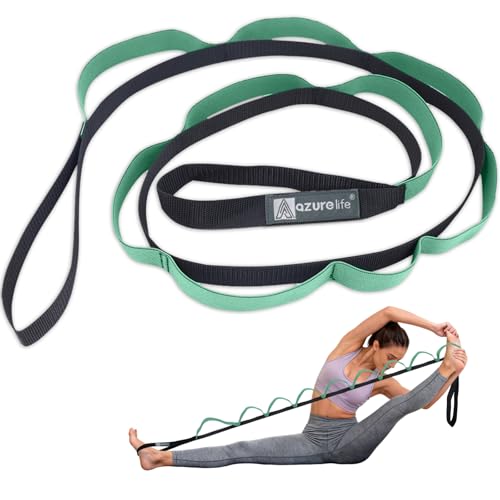 A AZURELIFE Half-Elastic Stretch Straps with 11 Loops, Stretching Strap for Physical Therapy, Multi-Loop Yoga Strap Fitness Exercise Strap for Yoga, Pilates, Dance, Flexibility&Exercise - color: Half Elastic-Purist Blue