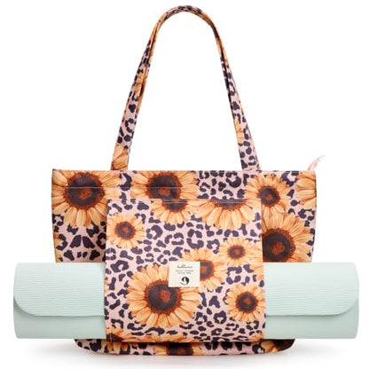 WLLWOO Yoga Mat Carrier Bag for Women Canvas Carryall Tote Gym Pilates | Large Holder Zipper Shoulder for Beach Travel Workout Fitness Office - color: Leopard Sunflower