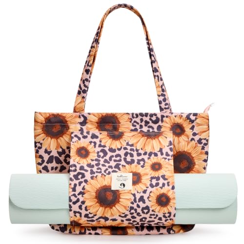 WLLWOO Yoga Mat Carrier Bag for Women Canvas Carryall Tote Gym Pilates | Large Holder Zipper Shoulder for Beach Travel Workout Fitness Office - color: Leopard Sunflower