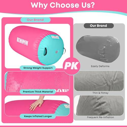공기 주입식 체조 에어 배럴 롤러, 전기 펌프 포함, 튼튼한 PVC 텀블링 배럴 백 핸드스프링 트레이너, 홈 체육관, 치어리딩, 요가 연습용 에어 텀블 트랙 매트 - color: 핑크 & 그린., size: 3.3'L x 2.6'D
