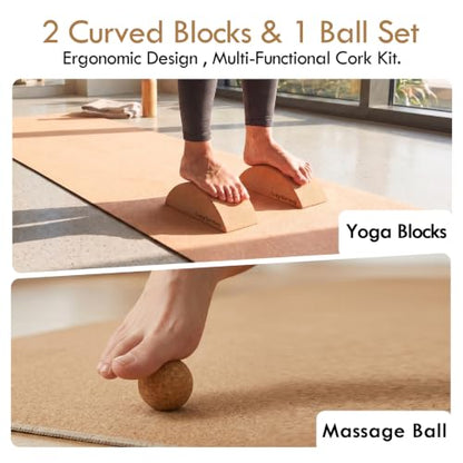 2 Pack Half Moon Cork Yoga Blocks with Cork Massage Ball, Calf Raise Block & Calf Stretcher, Foot Balance Trainer for Plantar Fasciitis Relief, Yoga Pilates Dance Stretching & Myofascial Release