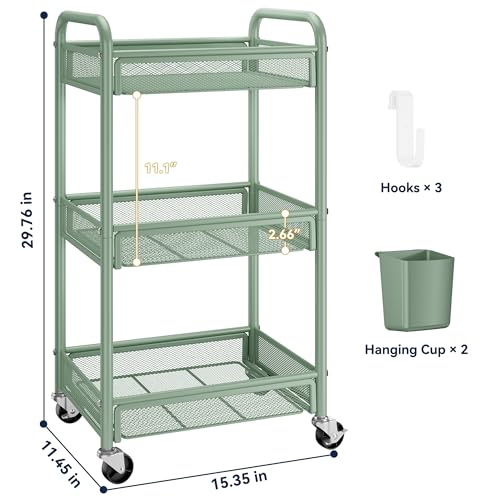 YASONIC 3 Tier Metal Rolling Cart, Green Utility Storage Cart with Wheels - color: Green, size: 3-tier