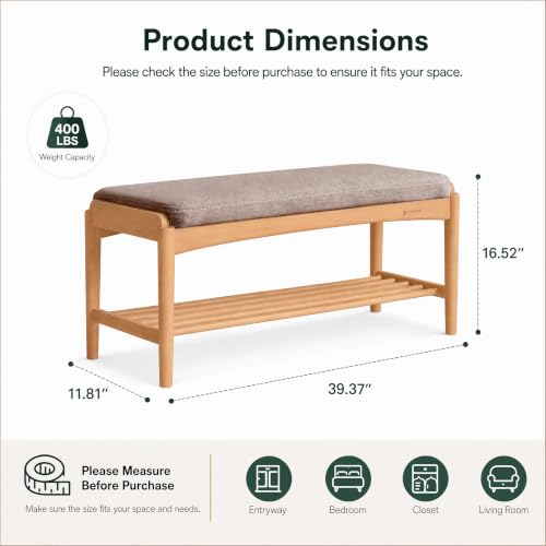 Oak Wood Shoe Bench, 40 Inch Entryway Bench with Gray Cushion - color: Natural + Gray Cushion, size: 39.37"