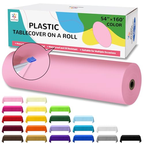 54IN X 160FT Plastic Table Cover Roll with Cutter Box, Cut to Size Plastic Table Cloths for Parties, Birthday, (Pink, 54"x1920") - color: Pink, size: 1920" x 54" (Rectangular)
