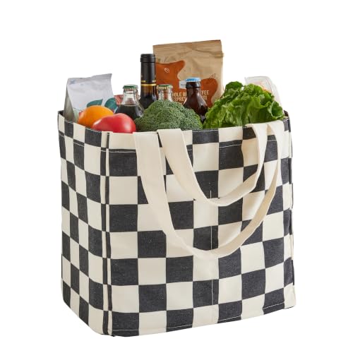 Checkered Reusable Grocery Bags, Cute Checkerboard Large Canvas Tote Bag, Reusable Shopping Bags Farmers Market Bag - color: Black and White