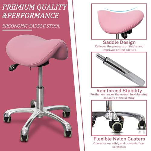 Ergonomic Saddle Chair,Heavy-Duty Rolling Stool with Wheels | 500lbs|Adjustable Height |360° swivel Silent PU casters|For Massage,Salon, barber ,tattoo,Spa ,Drafting,Clinic, Lab, Office - color: Pink