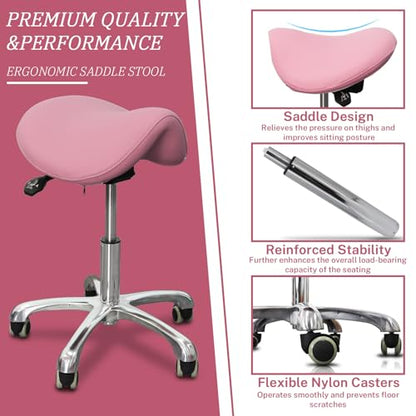 Ergonomic Saddle Chair,Heavy-Duty Rolling Stool with Wheels | 500lbs|Adjustable Height |360° swivel Silent PU casters|For Massage,Salon, barber ,tattoo,Spa ,Drafting,Clinic, Lab, Office - color: Pink