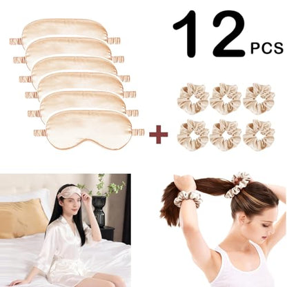 12Pcs Silk Sleep Masks Satin Eye Mask Silky Eyes Cover Blindfold Eyeshade Hair Ties Scrunchy Travel Bridesmaids Gifts - color: Pale Champagne
