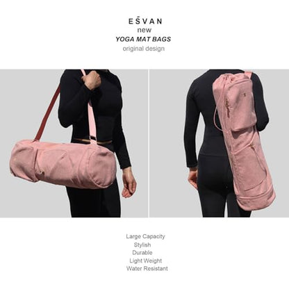 ESVAN Yoga Mat Bag with Multi Pockets Drawstring Yoga Mat Carrier Pilates Exercise Multi-Functional Storage Bag - color: Linen Pink
