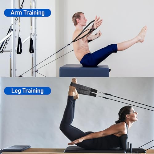 TOBWOLF 2PCS Pilates Straps for Reformer, Double Loop D Ring Foot Hand - color: Glossy Black - PU Leather