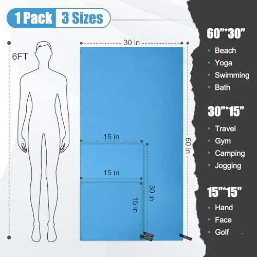 Quick Dry Travel Towel, 3 Sizes 1 Pack Camping Microfiber Towel, Lightweight Fast Drying Towels Set 60"x30", 30"x15", 15"x15" w/Bag for Gym, Beach, Hiking, Swimming, Light Blue - color: Light Blue