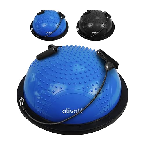 ATIVAFIT Balance Ball Trainer - Half Exercise Ball with Inflation Pump & Resistance Bands - Anti-Burst PVC Stability Trainer for Home Gym, Yoga, Core Training - 660 lbs Capacity - color: Massage Blue