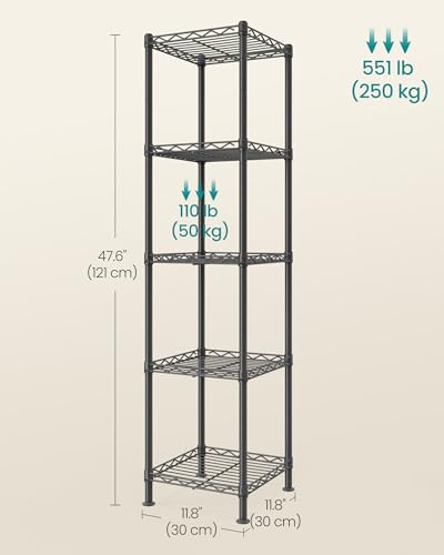 SONGMICS 5-Tier Bathroom Shelf, Storage Rack for Small Space | Extendable Design, 11.8 x 11.8 x 47.6 Inches, Removable Hook, Ink Black, DALTEN Collection ULGR123BH01 - color: Ink Black, size: 5 Tiers (11.8"D x 11.8"W), style: Without PP Shelf Liners