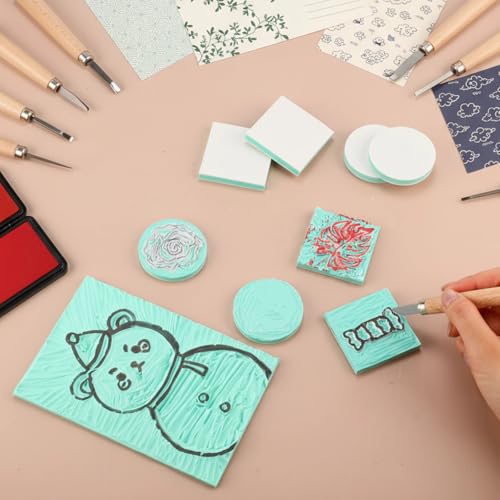 Innconee 18 Pcs Rubber Stamp Carving Blocks Linoleum Blocks 4"x6" and 2"x2" Round Square Rectangle Block Carving Kit for Stamp Crafts DIY Project(Green) - color: Green