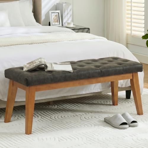 43.5" Padded Button Tufted Faux Leather End of Bed Bench, Charcoal Gray - color: Charcoal Gray-pu-tufted