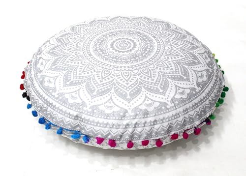 Round Mandala Floor Pillow Cover Seating Cushion Throw Cover Hippie Decorative Bohemian Ottoman Pouf Cover, Pom Pom Pillow Cases,Boho Indian 32 Inches Silver - color: Silver, size: 32" Round