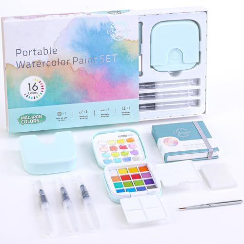 Mini Watercolor Paint Set, 16 Colors Pocket Travel Paint Kit | All in 1 Portable Watercolor Kit with Sketchbook, Brush Pens, Palette, Painting Art Kit for Beginner, Artist, Macaron - color: Macaron Colors